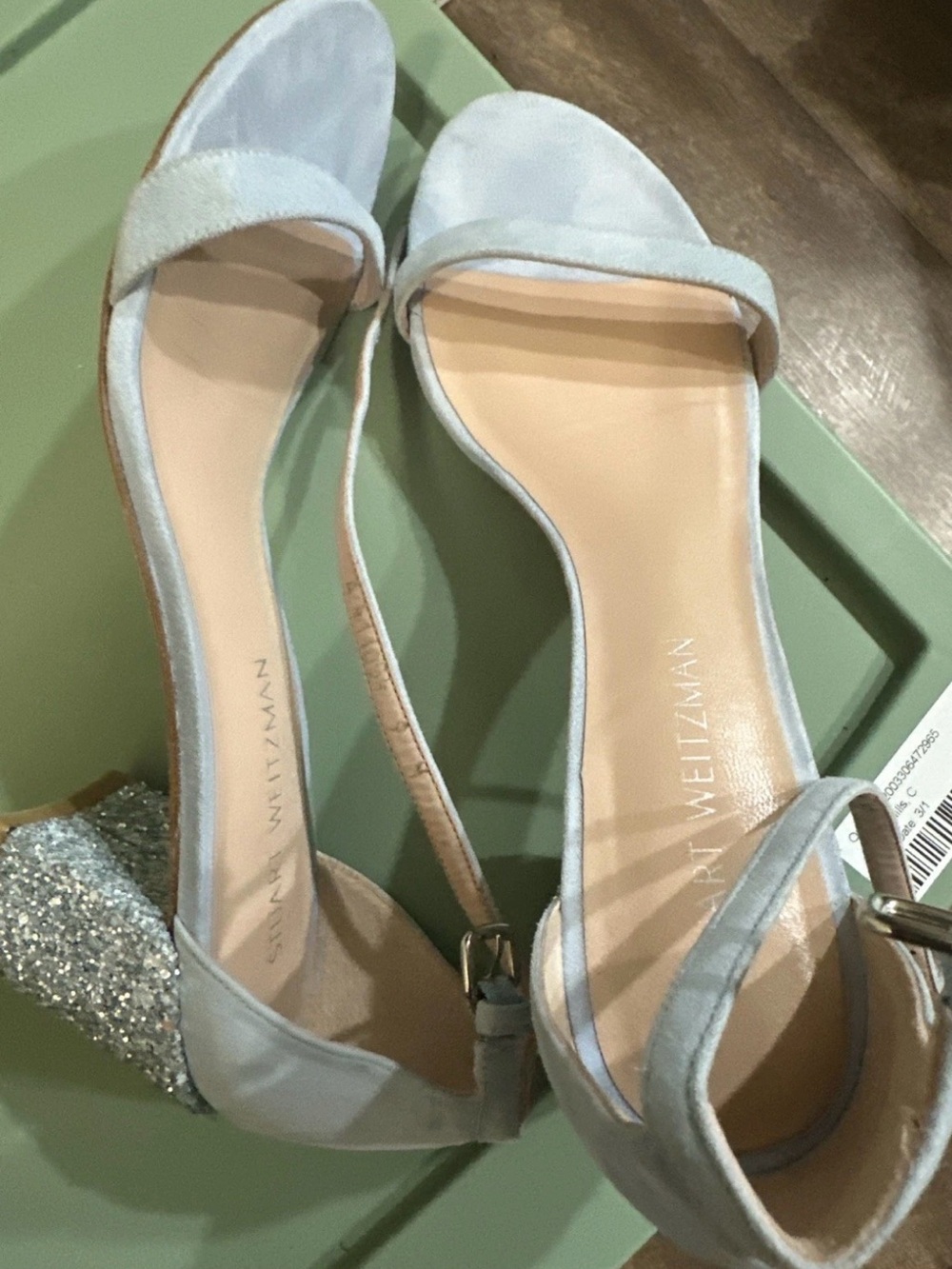 Stuart Weitzman Powder Blue Suede Ankle-Strap w/ Glitter Block Heel-Size 9